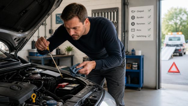 Auto controleren Man controleert oliepeil tijdens regelmatig onderhoud auto om motorpech te voorkomen
