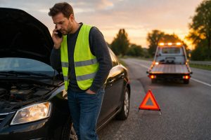 Man met pech belt hulpdienst langs de weg bij gebrek aan regelmatig onderhoud auto