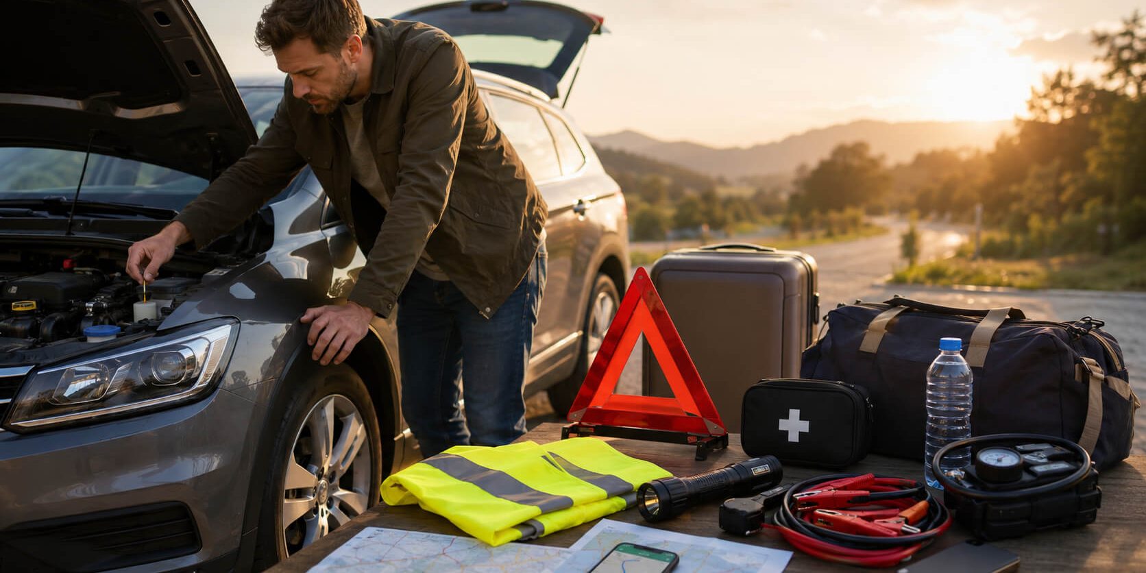 auto controle Bestuurder controleert noodmaterialen en voertuigvoorbereiding voor lange ritten
