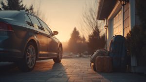 Auto met bagage klaar voor lange ritten bij een woning tijdens zonsopgang
