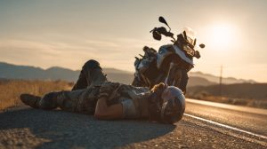 Motorrijder ligt naast motor na een val waarbij nek en onderrug extra belast kunnen raken.