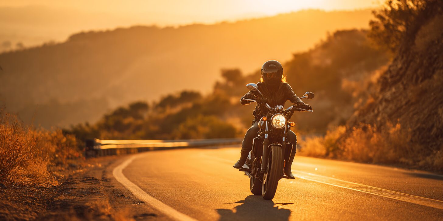 Motorrijder rijdt bij zonsondergang over een bochtige weg met aandacht voor nek en onderrug.