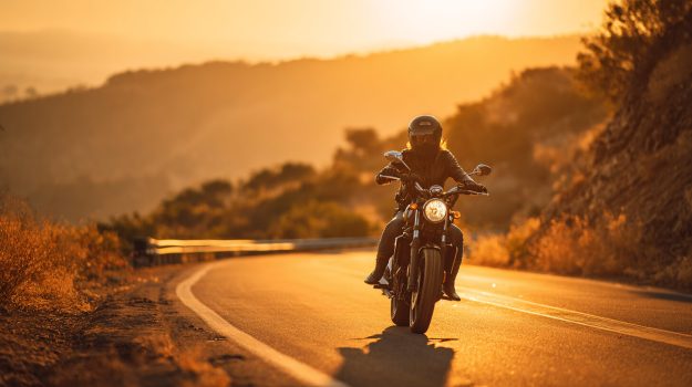 motorrijden zonsondergang Motorrijder rijdt bij zonsondergang over een bochtige weg met aandacht voor nek en onderrug.