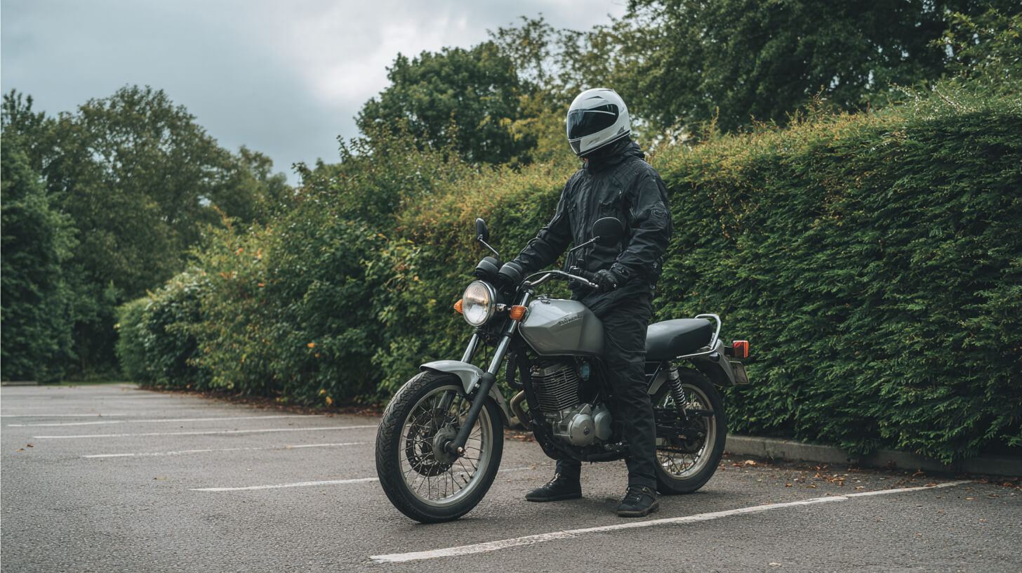 Motorrijder met witte helm en zwarte kleding zit op een grijze motor op een parkeerplaats naast een haag