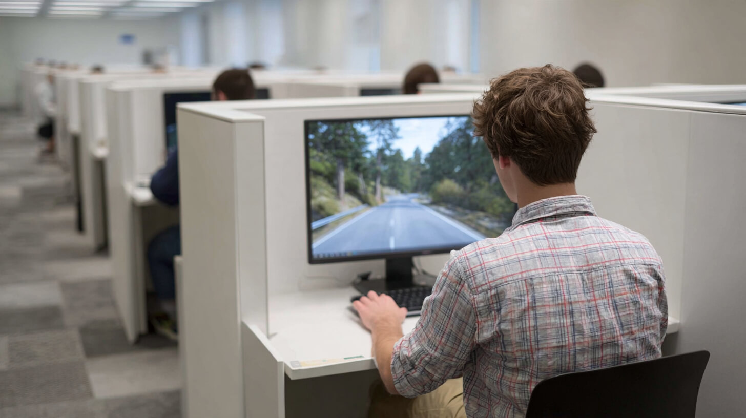 Jongere zit in een examenruimte met kantoortuinen achter een computer waarop een weg met bomen te zien is